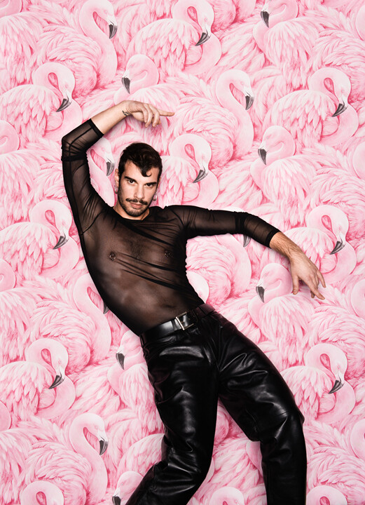 Lorenzo Terzo vor einer Tapete mit Flamingos