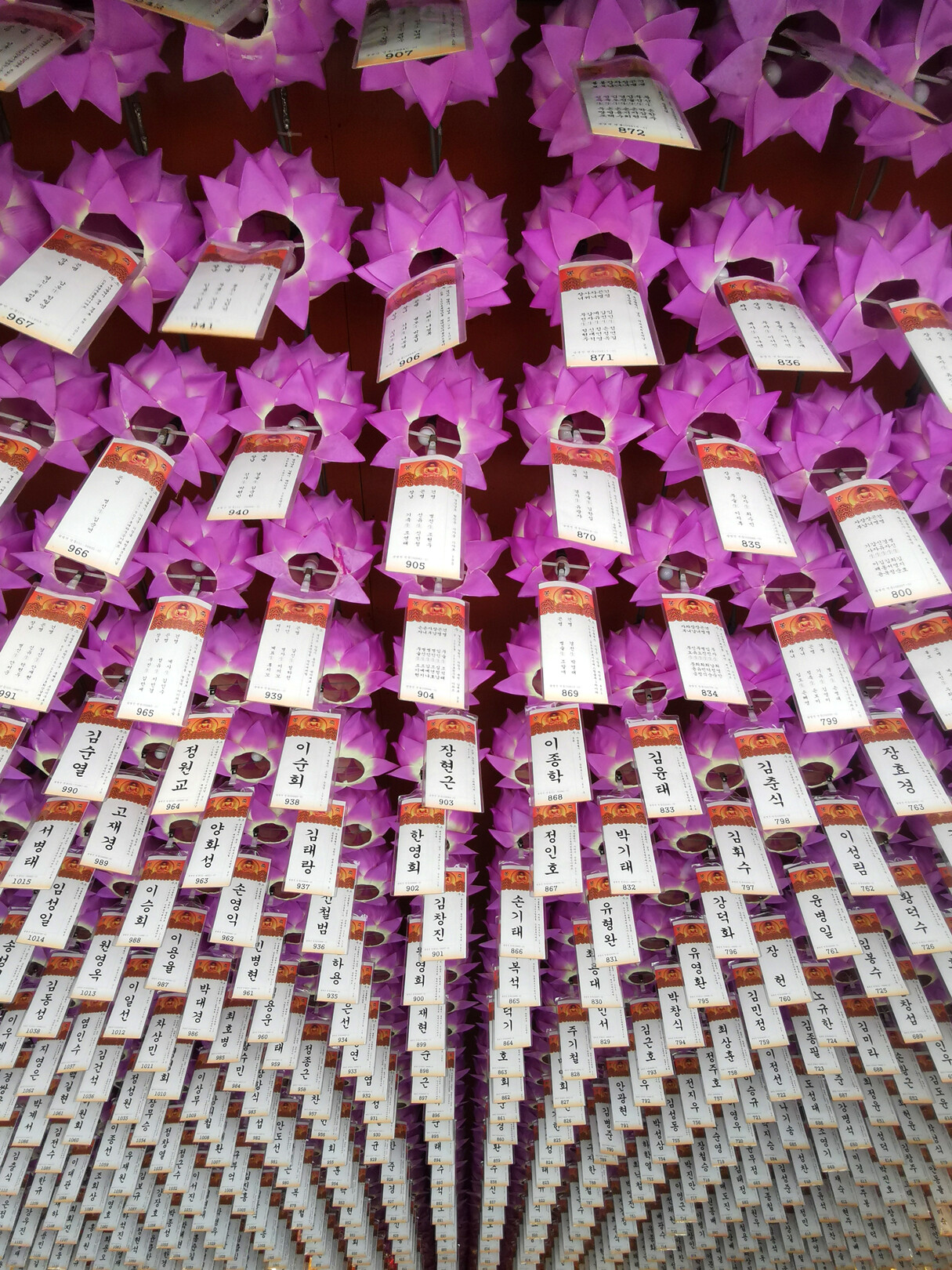 Wunschzettel an pinken Lampions in einem buddhistischen Tempel