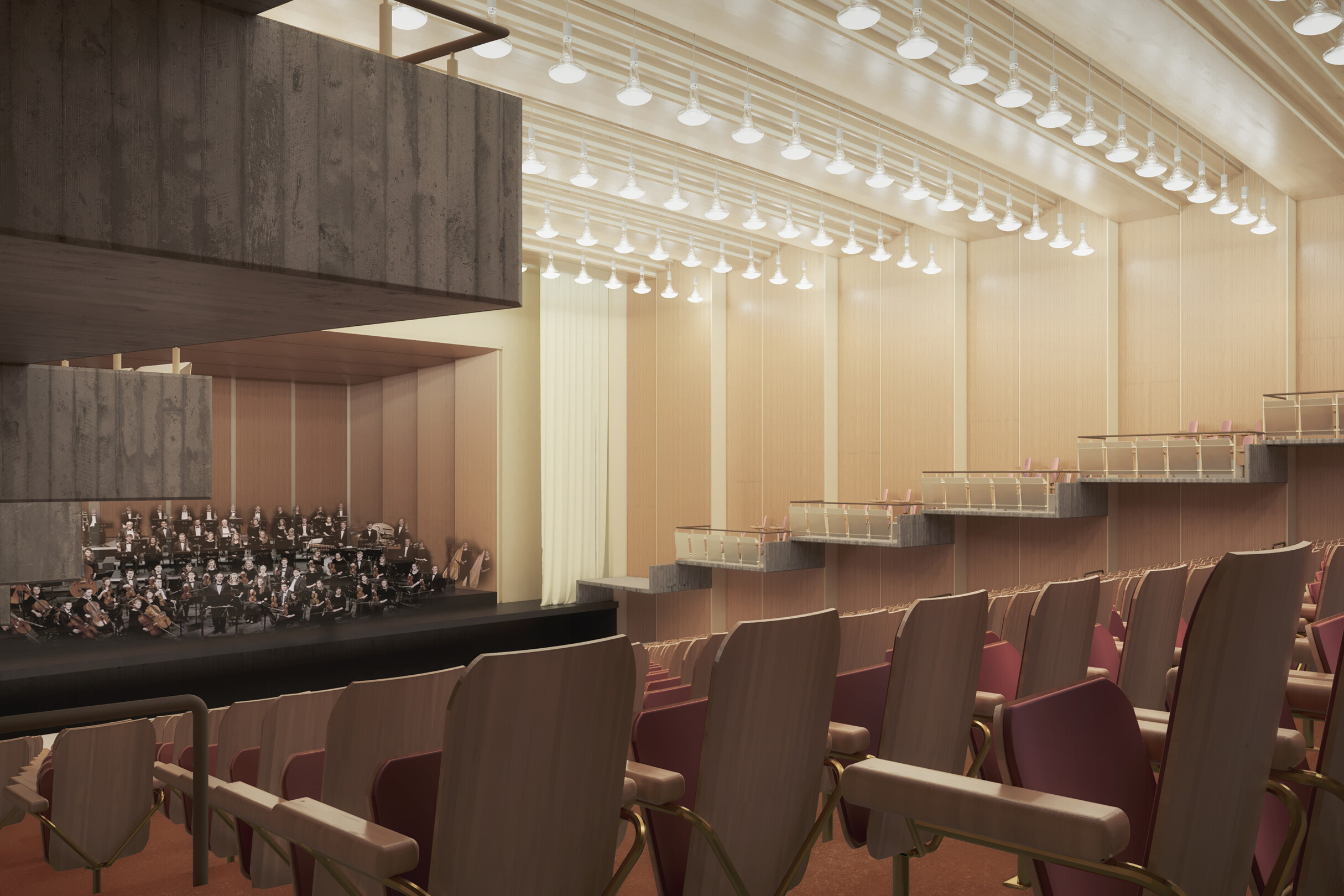 Visualisierung Opernsaal mit Holzstühlen und hölzernen Balkonen