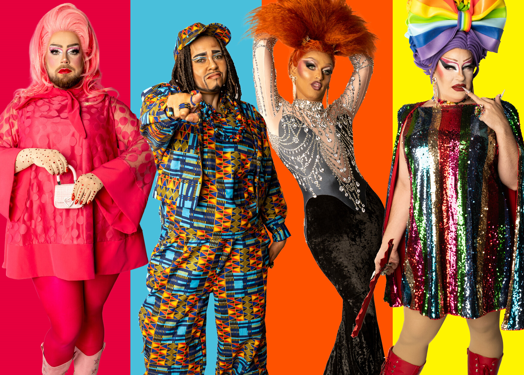 Eine bunte Fotomontage von vier Drag-queens