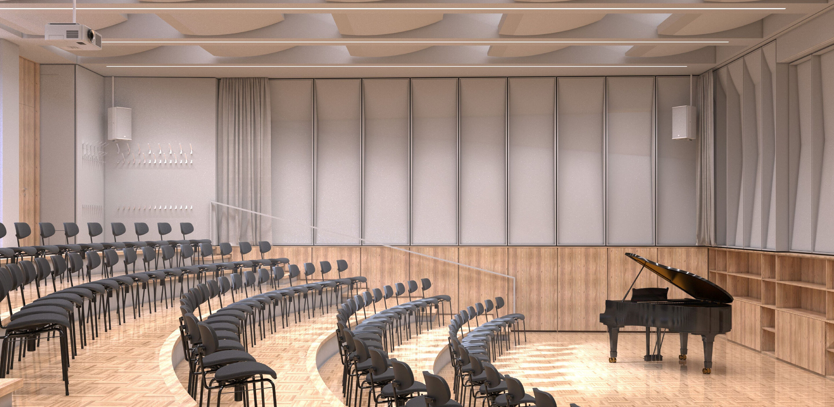 Großer, heller Saal, in welchem die Stühle sichelförmig um ein Klavier aufgestellt sind
