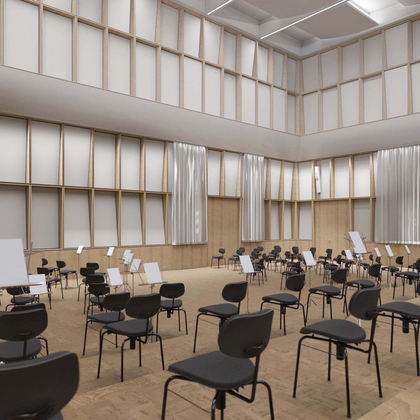 Visualisierung des Orchesterprobensaals. Ein heller großer Raum mit viel Holz