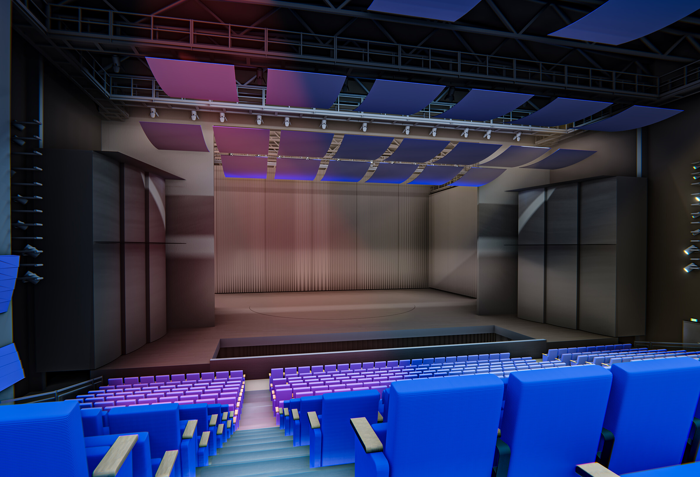 Visualisierung des Zuschauersaals und der Bühne. Der Blick richtet sich auf die Bühne aus den hinteren Zuschauerreihen.