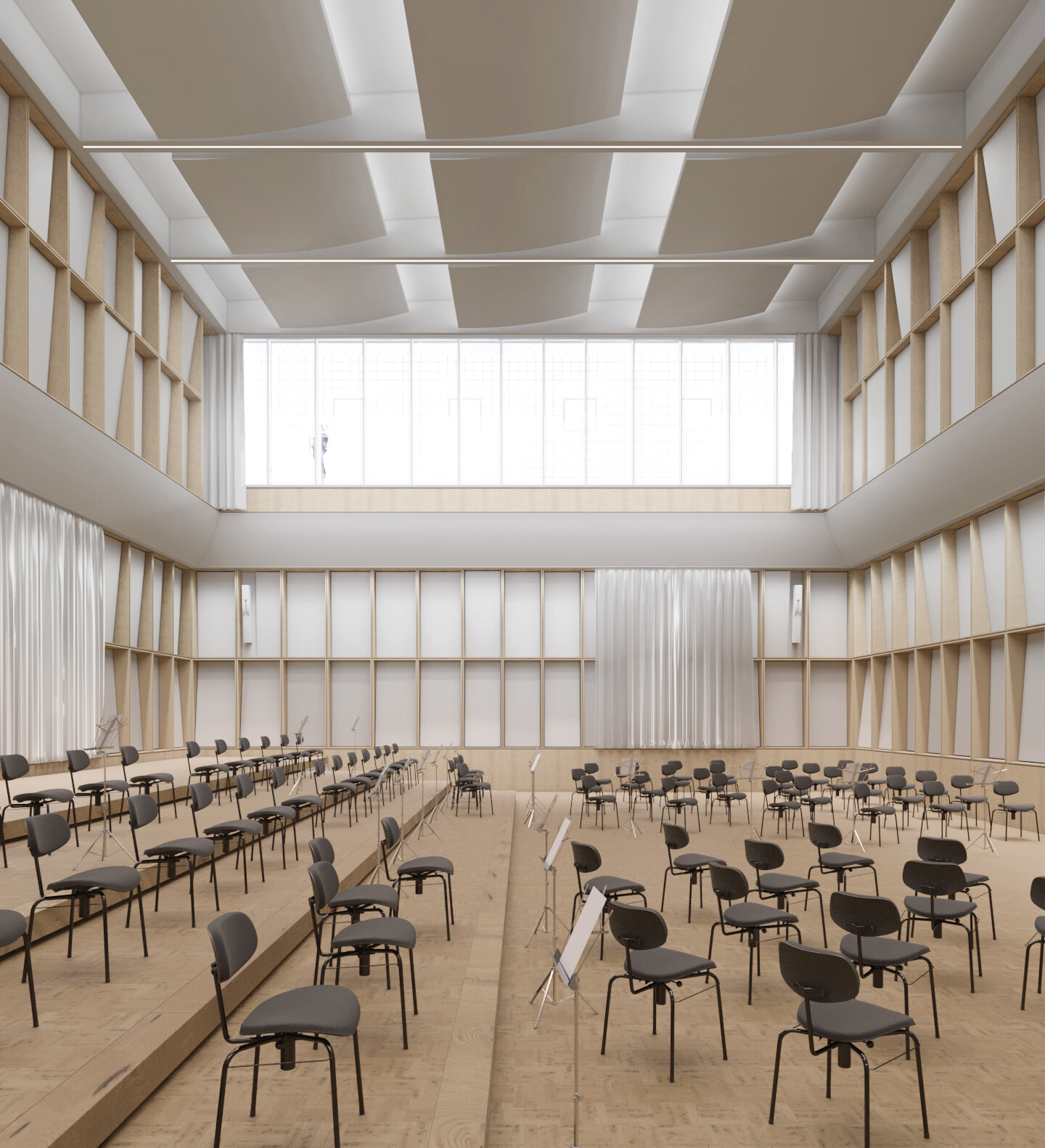 Visualisierung des Orchesterprobensaals. Ein heller großer Raum mit viel Holz